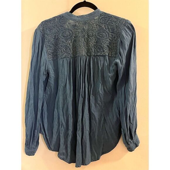 Free People Top Women's Blue Embroidered Peasant Tunic Size M Bohemian Coquette - Picture 4 of 7